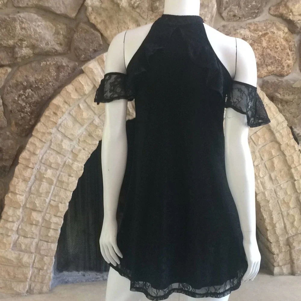Express Off Shoulder Lace Black Dress High Neck Plunging Neck Women's Size XS - Picture 2 of 8